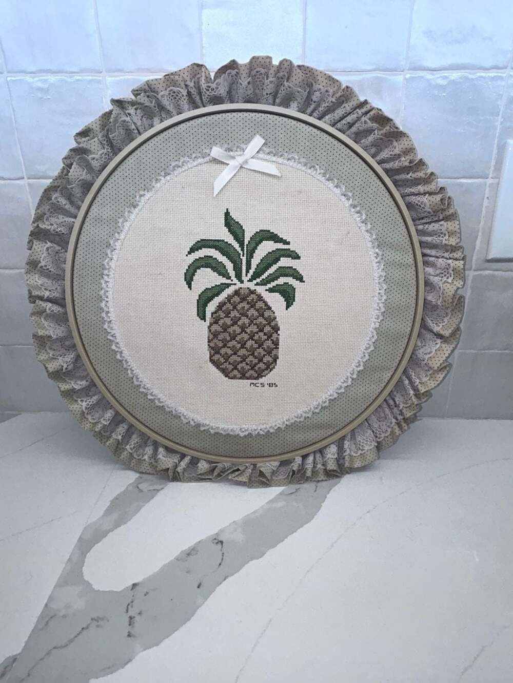 Vintage 1985 Hand-Stitched Pineapple Cross Stitch in Ruffled Hoop Frame